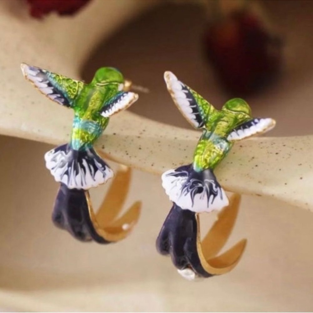 Green Hummingbird Enamel Multicolor Earrings - Picture 6 of 6